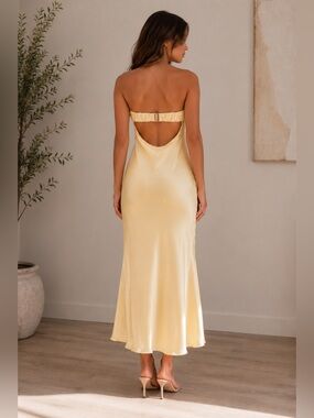 Strapless Satin Slip Dress in Pale Yellow